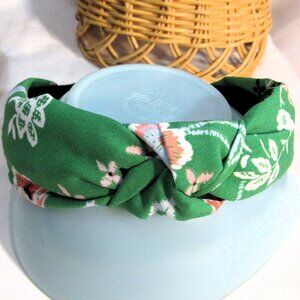 HEAD BAND HAIR BAND GREEN + FLORAL FABRIC KNOT, NEW AVERAGE SIZE #3